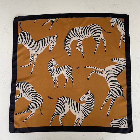 Love & Lore Zebra Print 100% Poly Square Playful Scarf Butterscotch Blk Cream - Picture 7 of 7